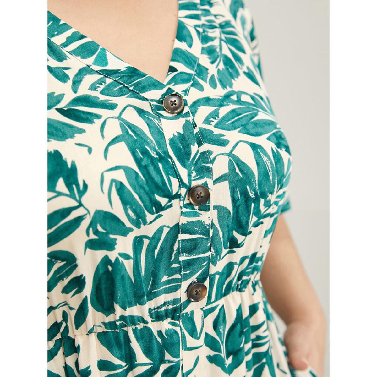 Plus Size Plant Print Flutter Sleeve Button Detail Pocket Dress Green Women Vacation Elastic Waist V-neck Short sleeve Curvy Midi Dress BloomChic 12/L Product Image