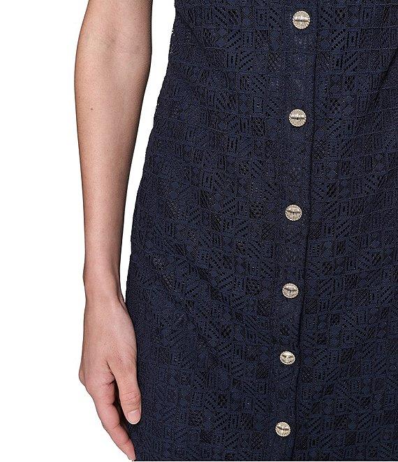 KARL LAGERFELD PARIS Lace Point Collar Neck Short Sleeve Button Front Shirt Mini Dress Product Image