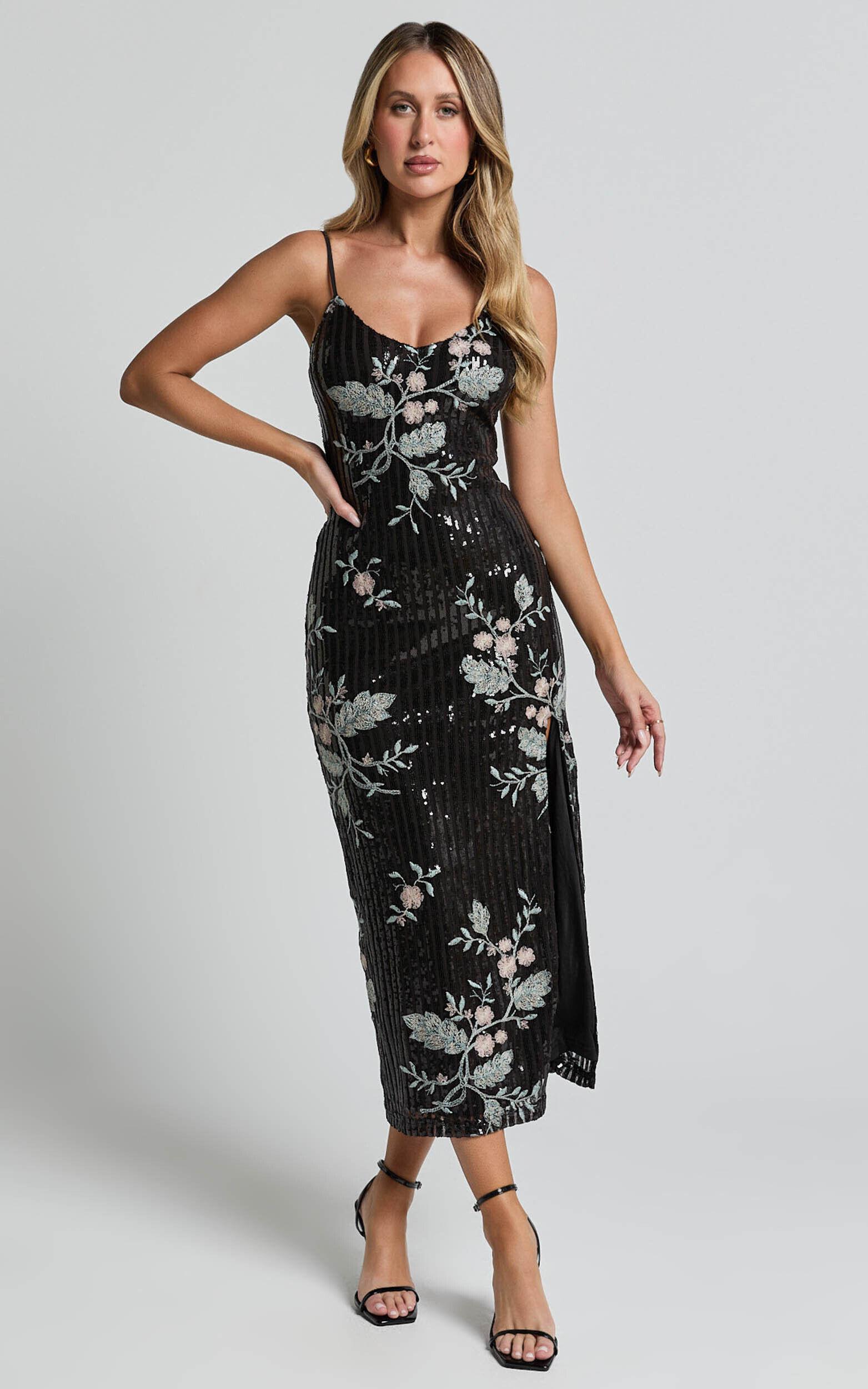 Adrienne Midi Dress - Sequin Embroidered Slip Dress in Black Product Image