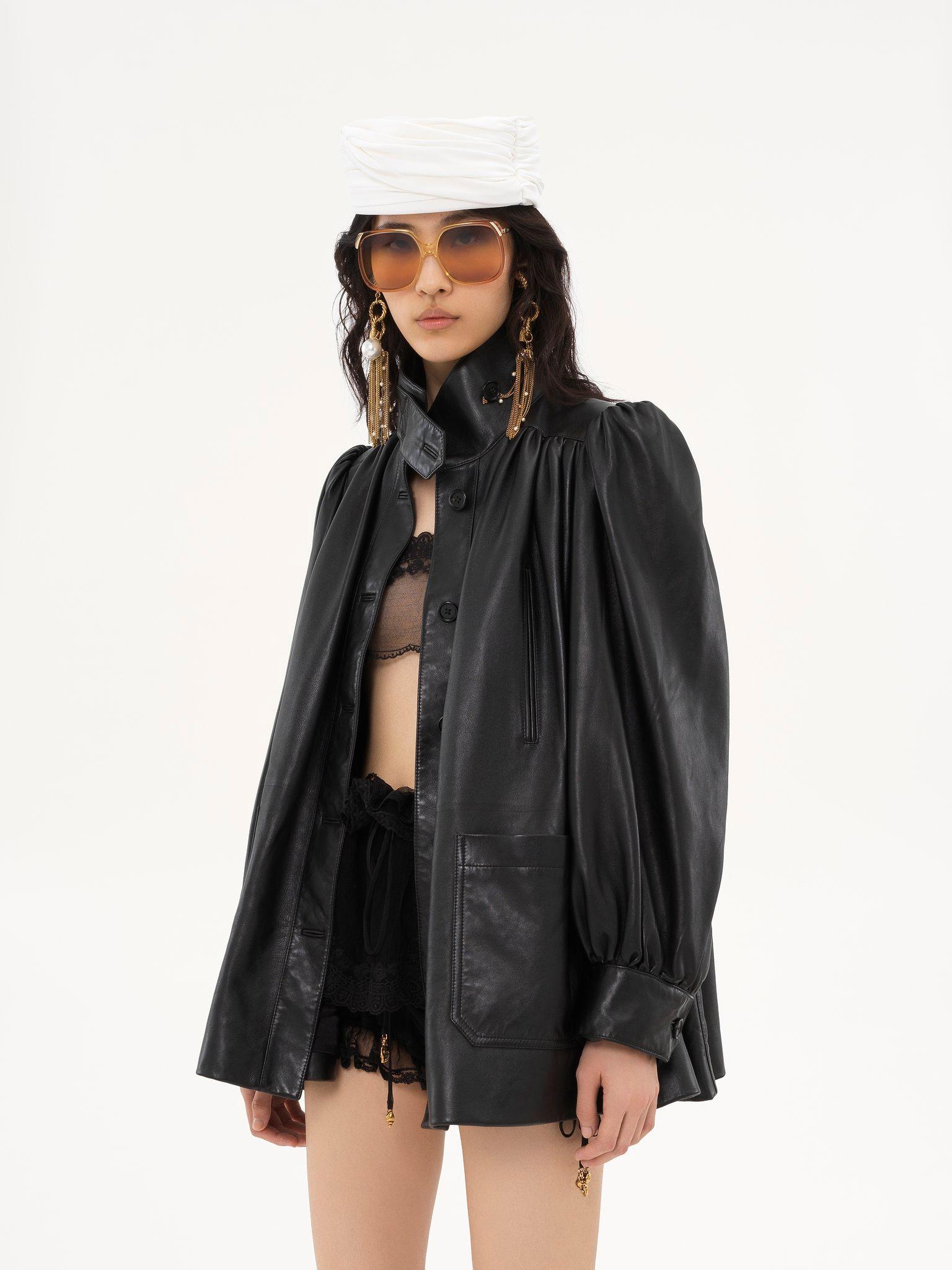 High-neck gathered coat in leather Product Image