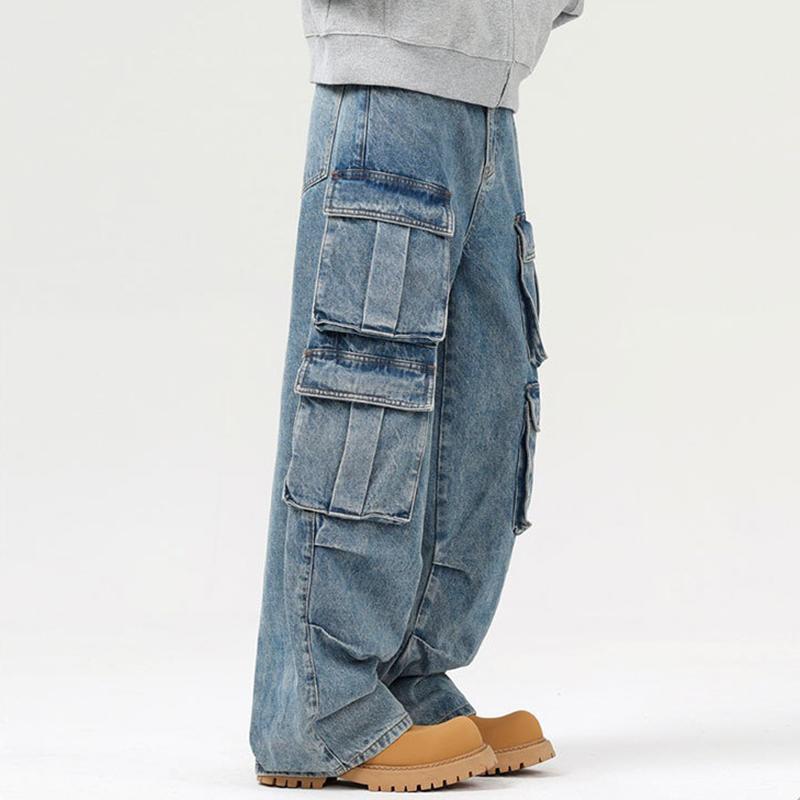Unisex Men's Street Straight Leg Washed Multi-Pocket Work Jeans Product Image