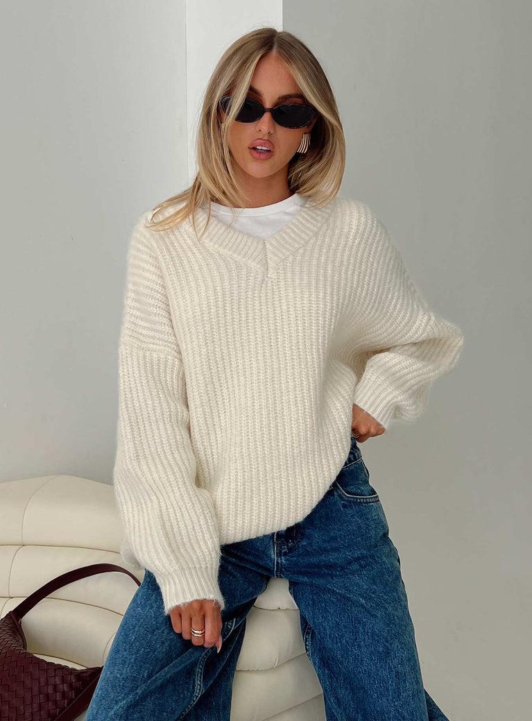 Have It All V Neck Knit Sweater Cream Product Image
