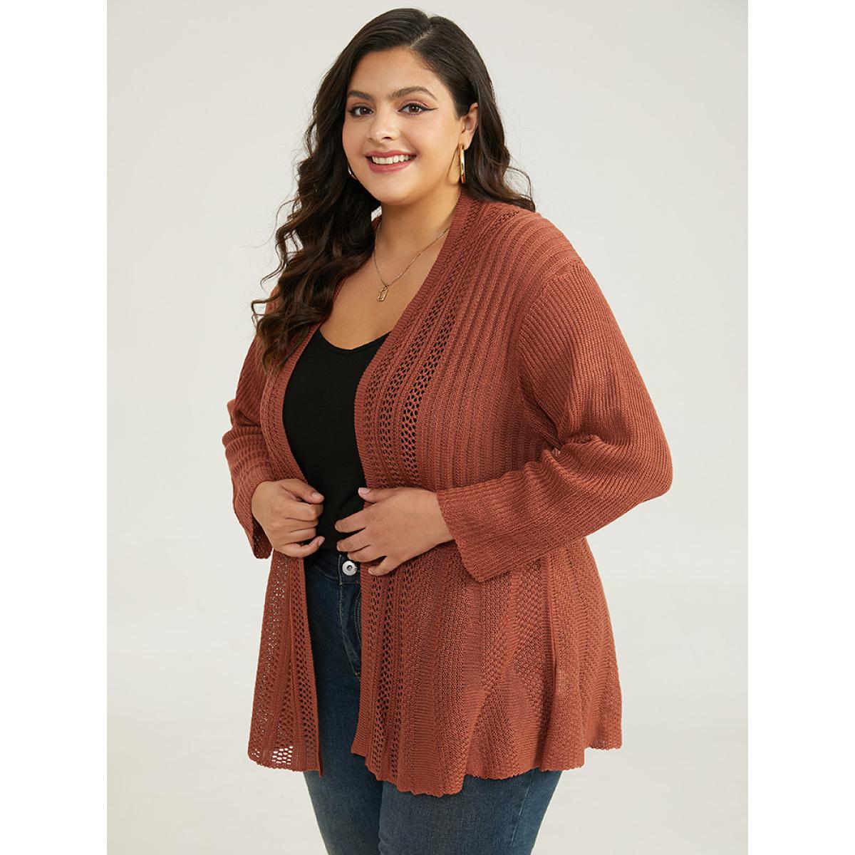 Plus Size Plain Hollow Out Drop Shoulder Open Front Cardigan Chocolate Women Casual Loose Long Sleeve Everyday Cardigans BloomChic 30/6X Product Image