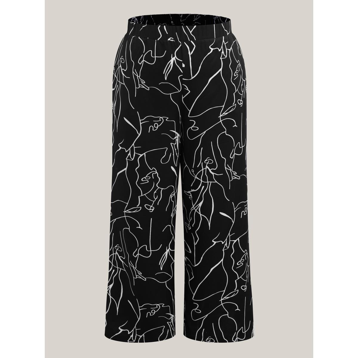 Plus Size Abstract Print Flowy Wide-Leg Pants Women Black Office Wide Leg Mid Rise Office Pants BloomChic 12/L Product Image