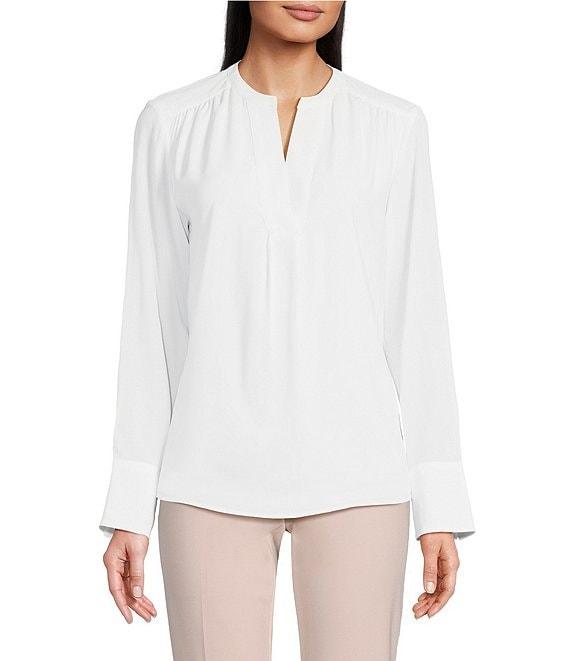 Calvin Klein Solid Crepe de Chine Split V-Neck Long Sleeve Blouse Product Image