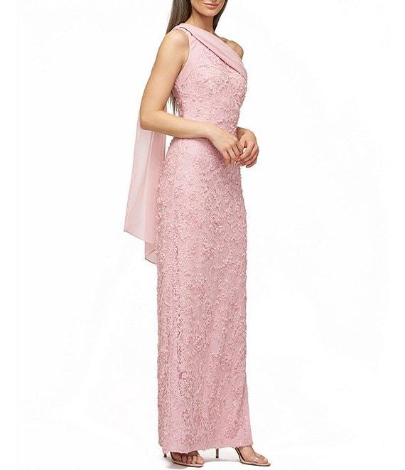 JS Collections Lace Floral Soutache Asymmetrical Neck with Chiffon Drape Back Gown Product Image