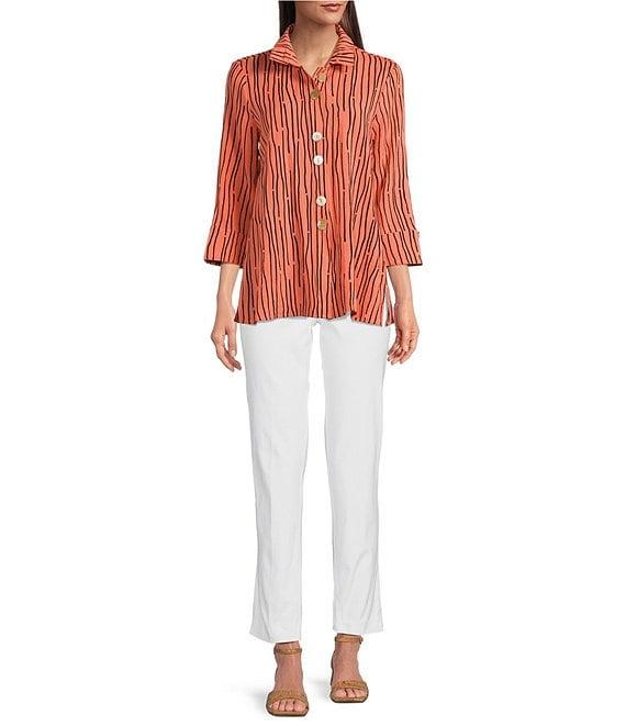 Ali Miles Crinkle Woven Abstract Stripe Wire Collar 3/4 Sleeve Button Front Tunic Product Image