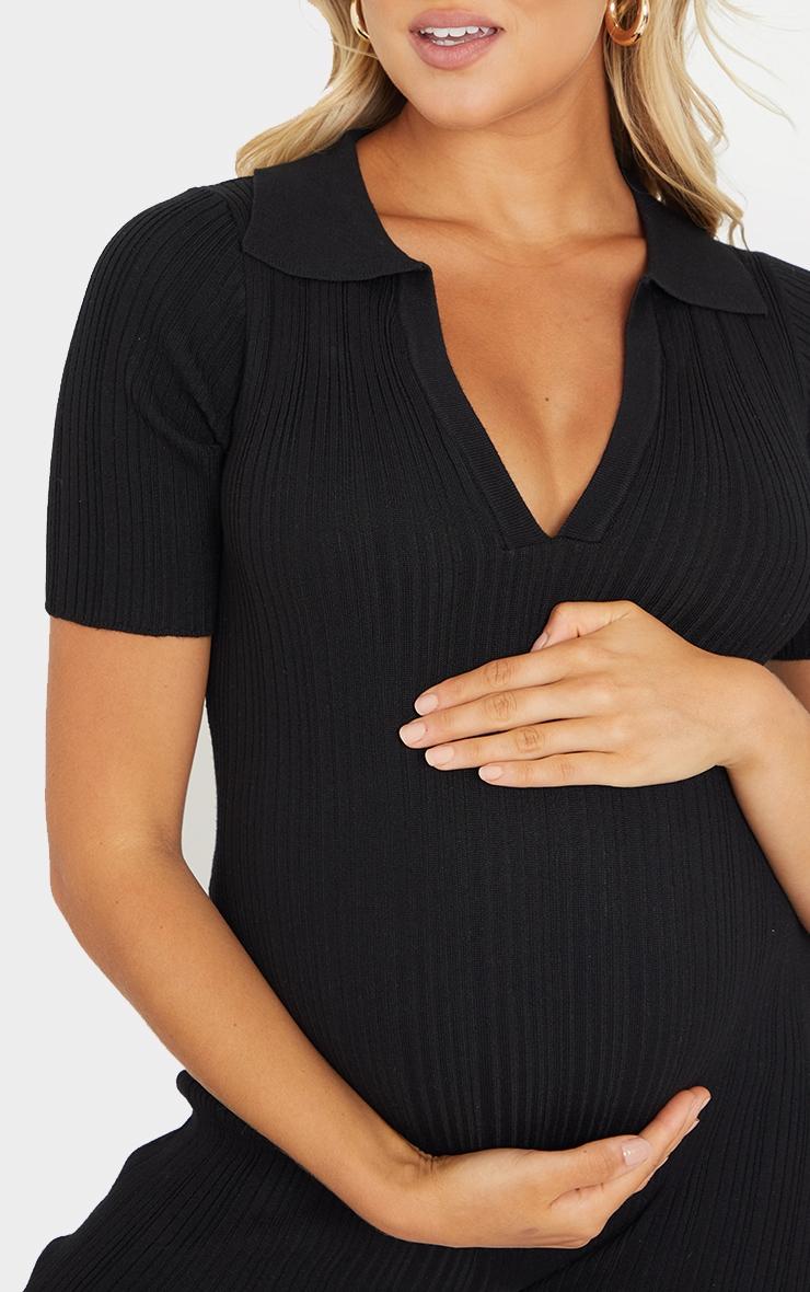 Maternity Black Knitted Rib Polo Short Sleeve Wide Leg Jumpsuit Product Image