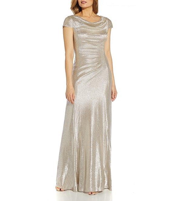 Adrianna Papell Glitter Cowl Neck Draped Back Cap Sleeve A-Line Gown Product Image