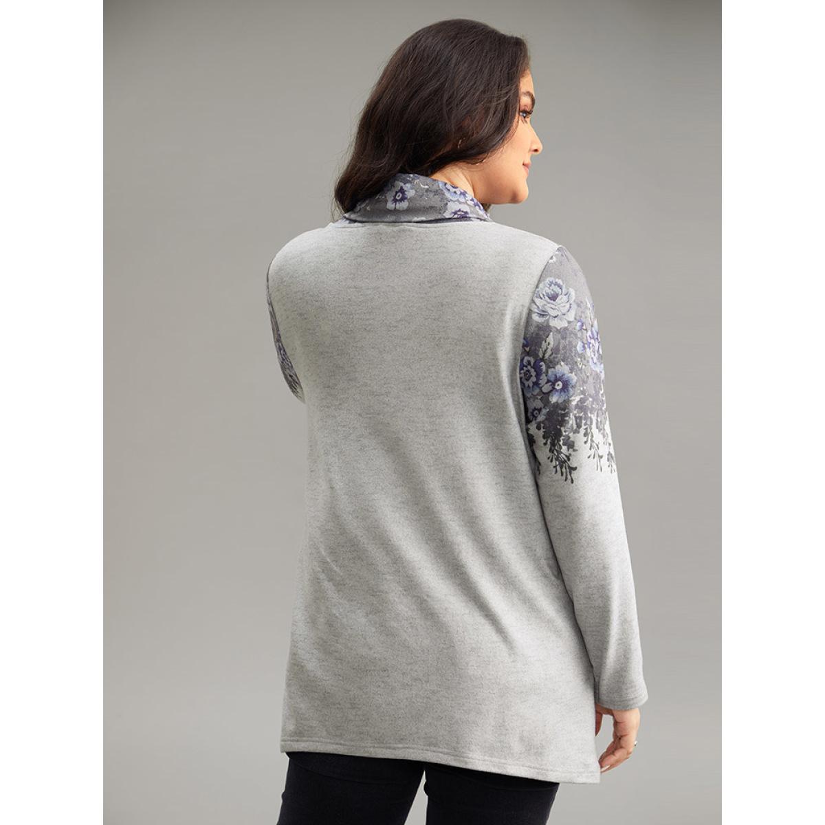 Plus Size Boho Print Mock Neck T-shirt Gray Women Casual Plain Floral Mock Neck Dailywear T-shirts BloomChic 12/L Product Image
