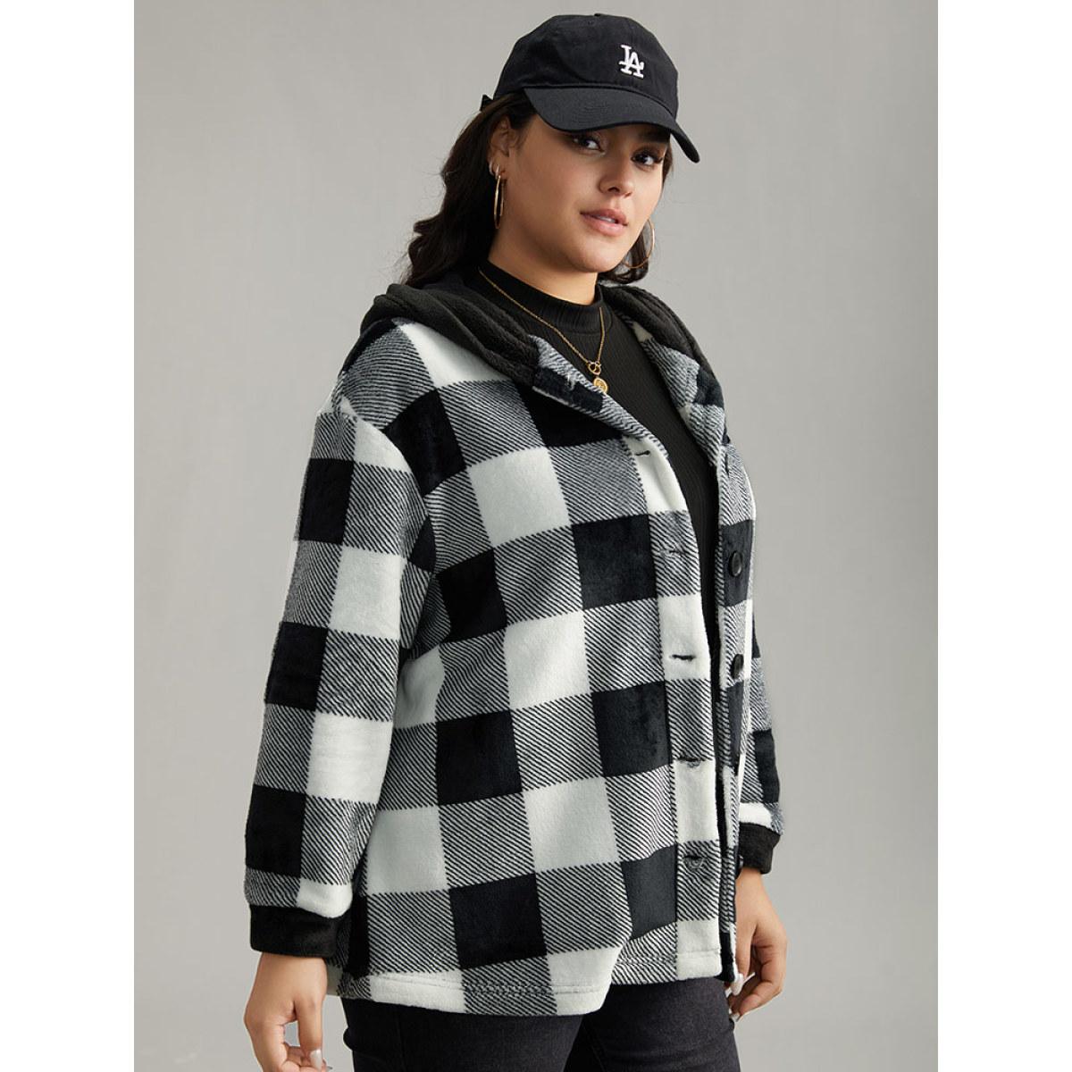 Plus Size Plaid Button Through Patchwork Hooded Jacket Women Black Casual Contrast Ladies Dailywear Winter Coats BloomChic 14-16/1X Product Image