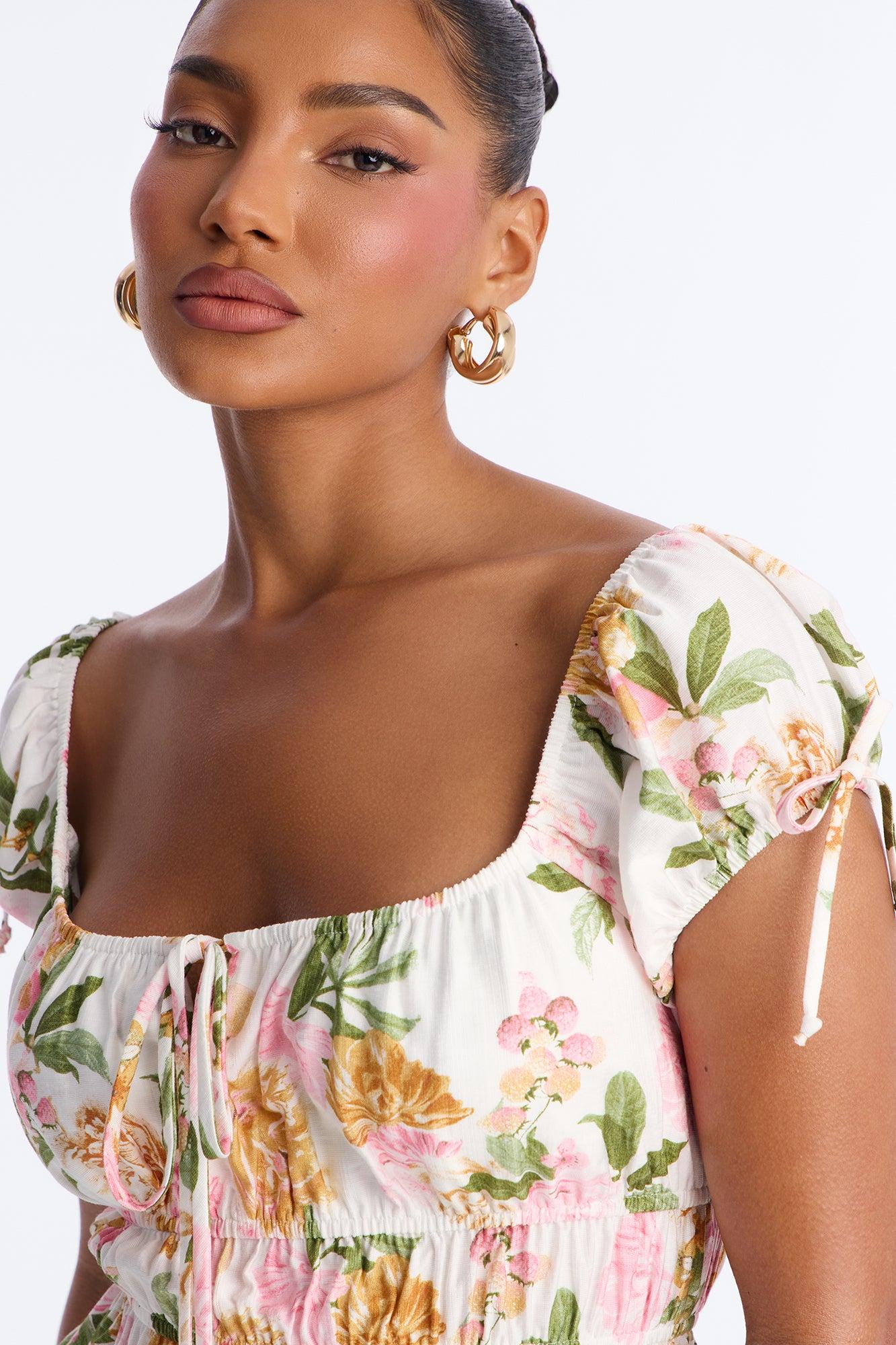 Regina Babydoll Floral Short Sleeve Smocked Top - Ivory/combo Female Product Image