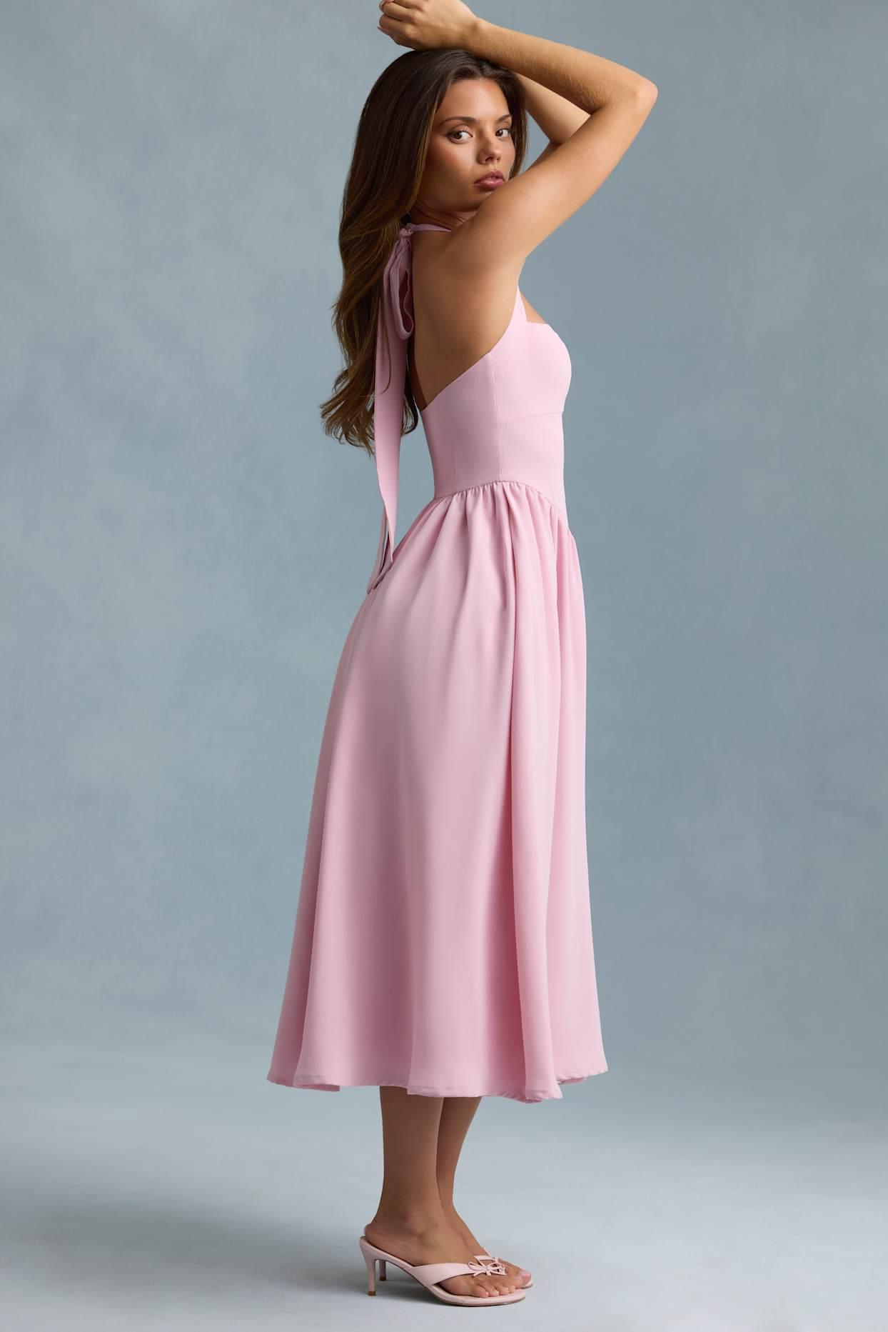 Button-Detail Halterneck Midaxi Dress in Soft Pink Product Image