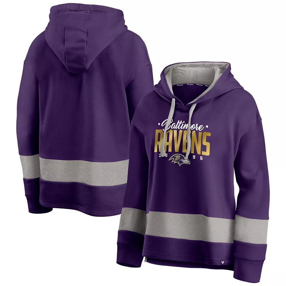 Women's Fanatics Purple/Gray Baltimore Ravens Huddle Up Fundamental Fleece Color Block Pullover Hoodie, Size: 2XL Product Image