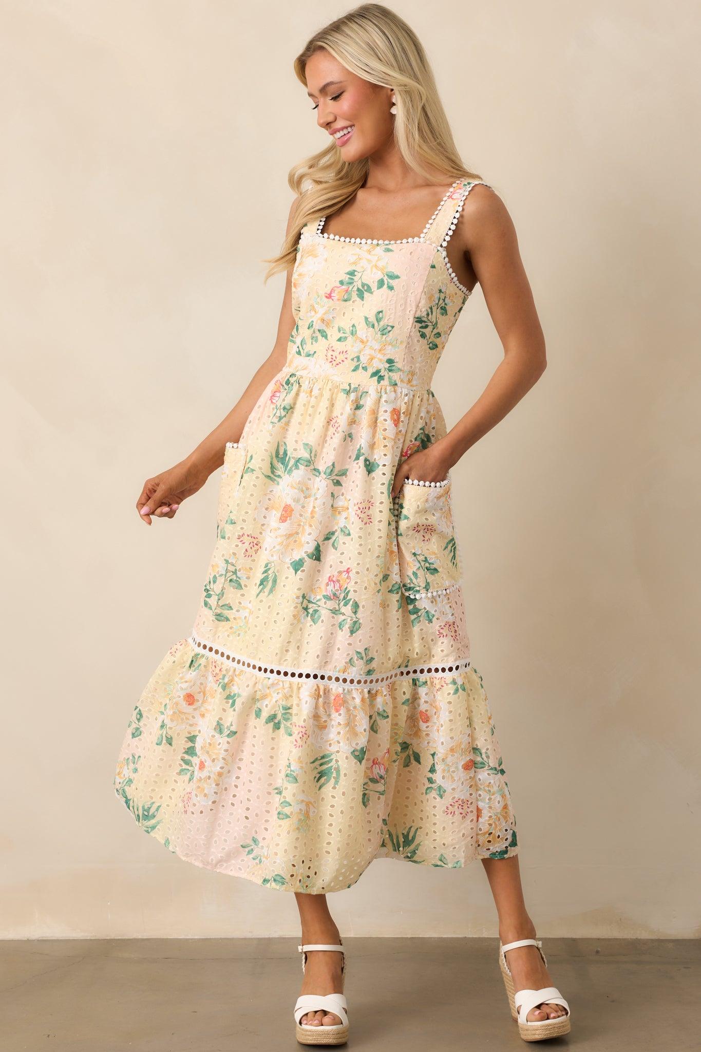 Champagne Toast Yellow Floral Embroidered Midi Dress Product Image