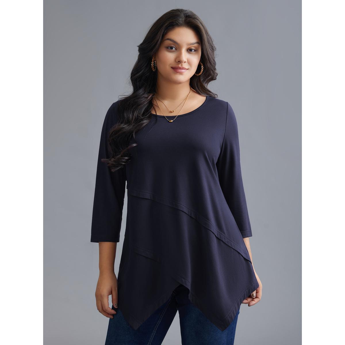 Plus Size Asymmetrical Hem Overlap Long T-shirt DarkBrown Women Leisure Tucked seam Round Neck Loose Casual T-shirts BloomChic 28/5X Product Image