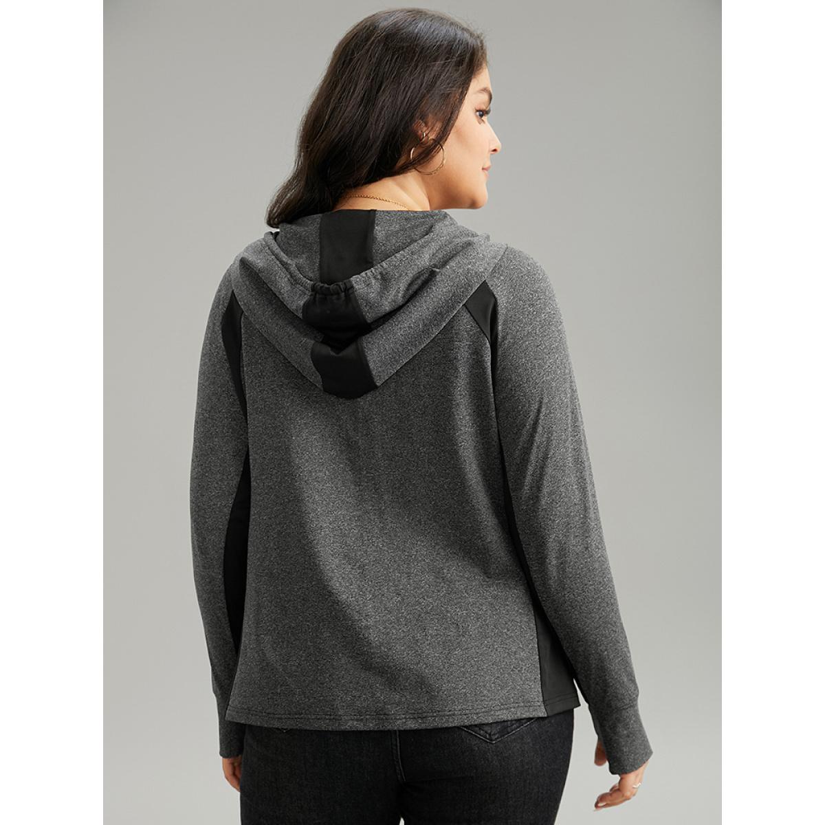 Plus Size Contrast Drawstring Zipper Hooded Jacket Women DimGray Contrast Pocket Dailywear Jackets BloomChic 30/6X Product Image