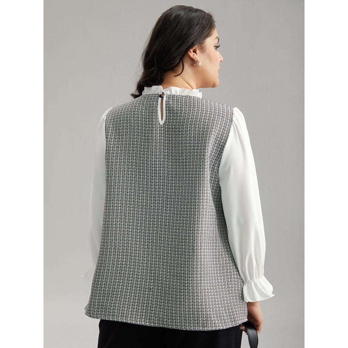 Plus Size White Gingham Ruffles Patchwork Frill Trim Blouse Women Office Long Sleeve Stand-up collar Office Blouses BloomChic 12/L Product Image