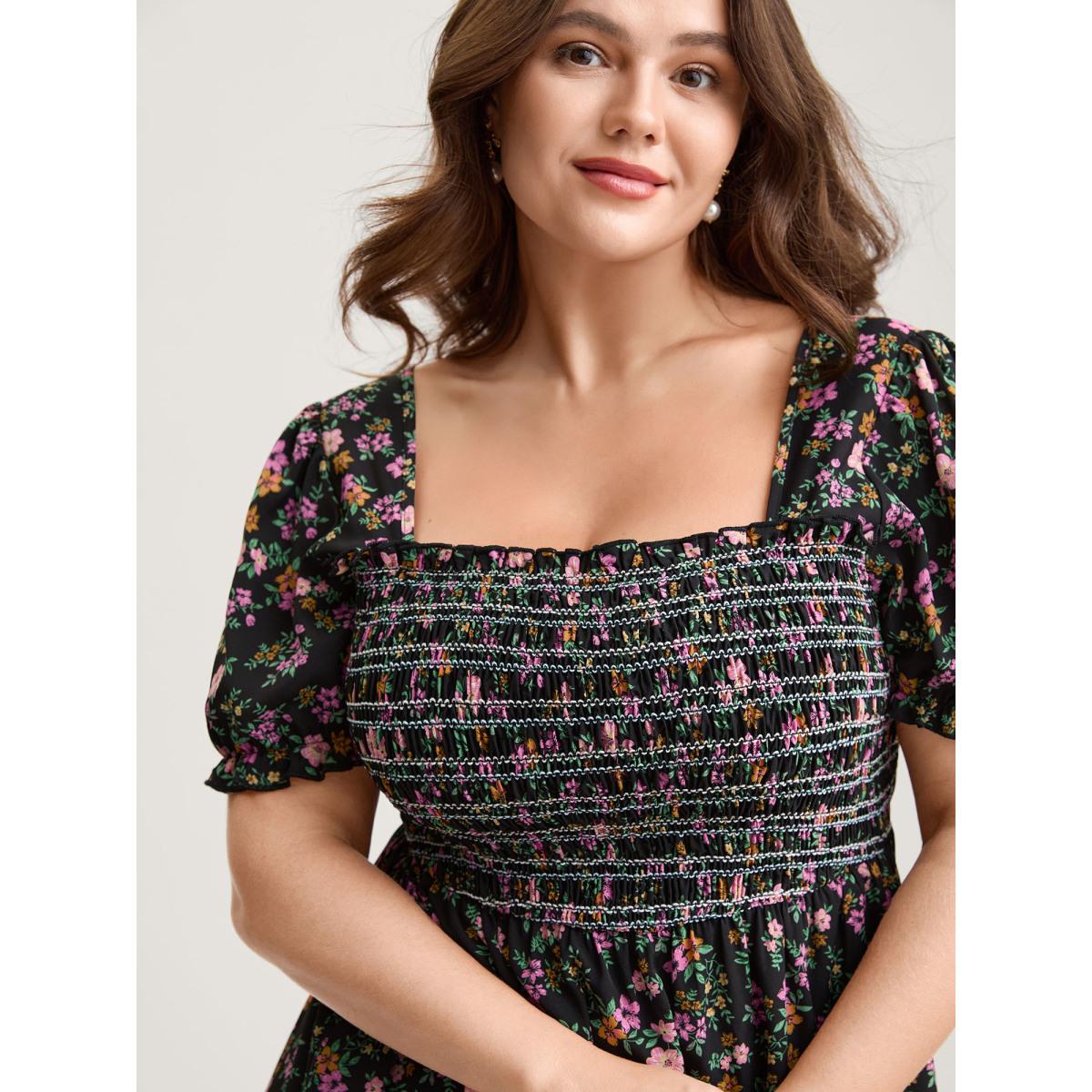Plus Size Floral Shirred Bodice Contrast Midi Dress Black Women Romantic Gathered Square Neck Short sleeve Curvy BloomChic 30/6X Product Image