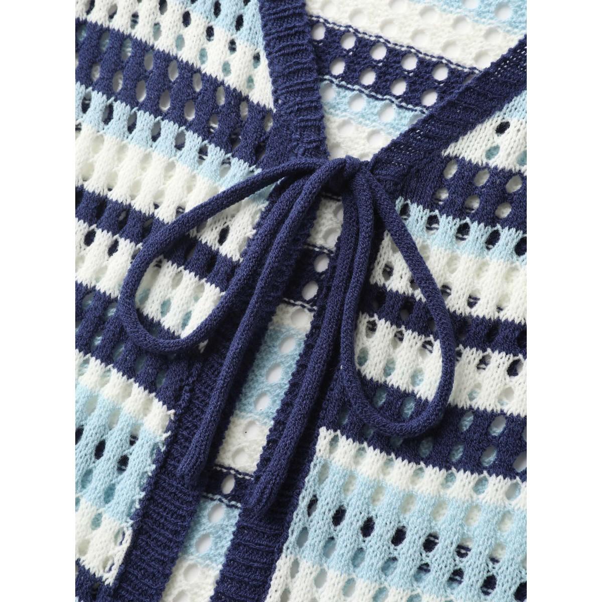 Plus Size Crochet Color Stripes Flared Sleeve Knit Cardigan Indigo Women Loose Long Sleeve Casual Cardigans BloomChic 10/M Product Image
