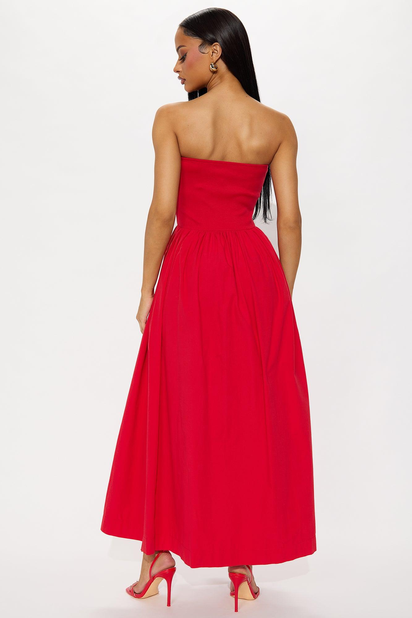 Lula Poplin Strapless Midi Dress - Tomato Red Product Image