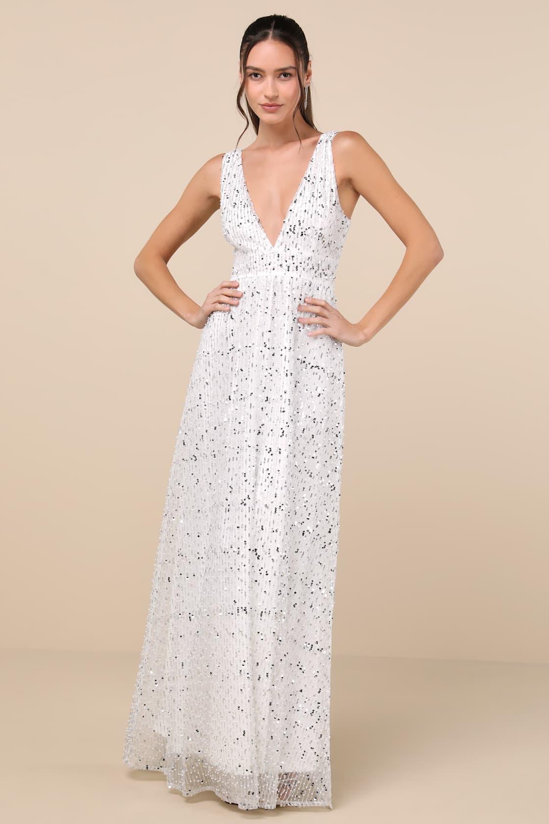 Solita White Sequin Mesh Sleeveless Maxi Dress Product Image