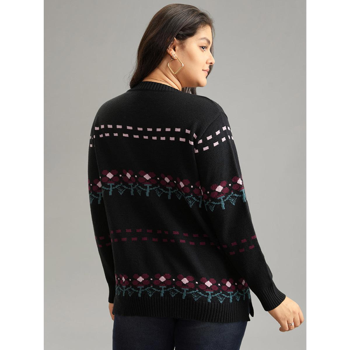 Plus Size Supersoft Essentials Floral Jacquard Split Side Pullover Black Women Casual Loose Long Sleeve Round Neck Dailywear Pullovers BloomChic 18-20/2X Product Image