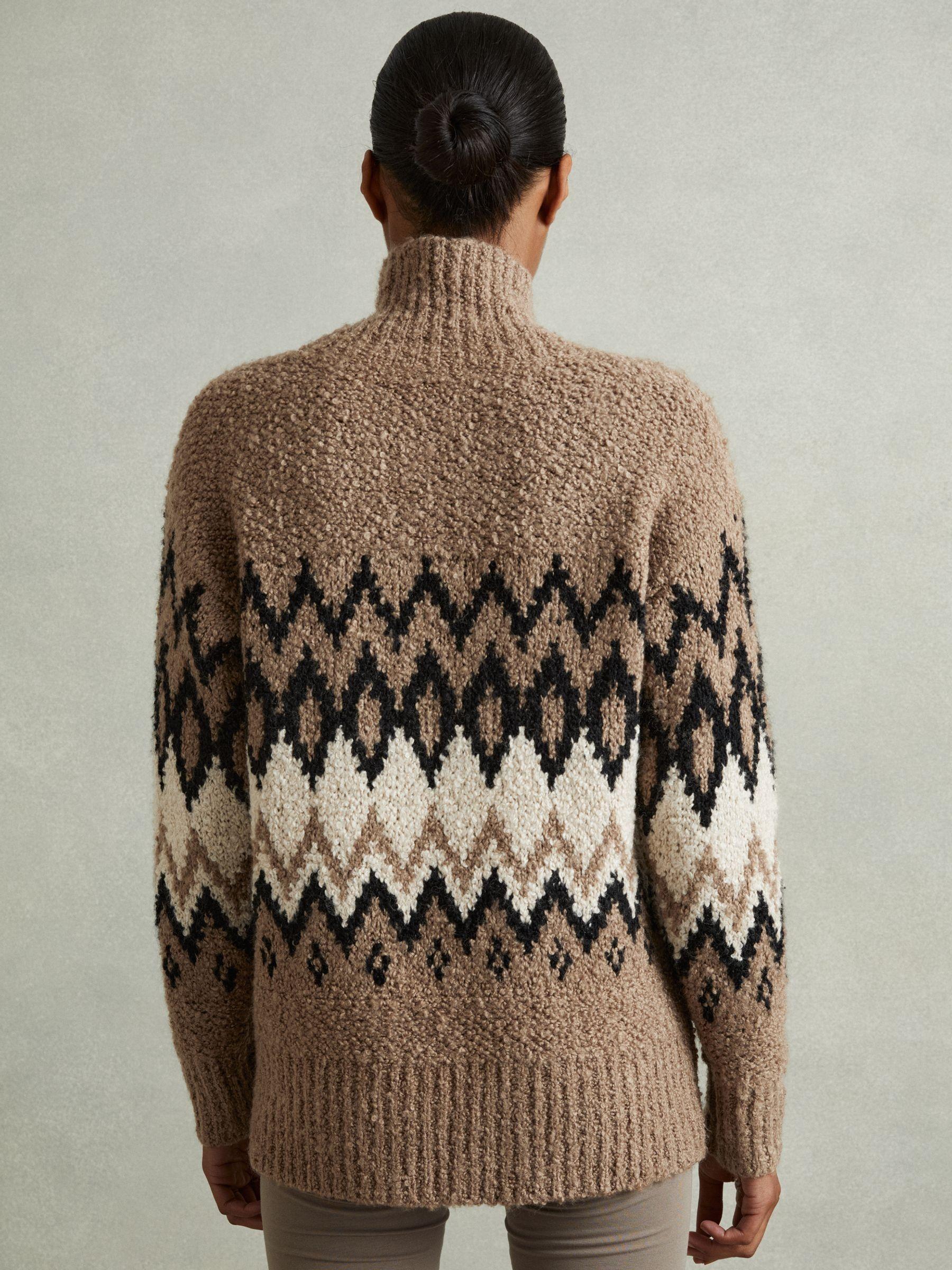 Chunky Fairisle Pattern Knit Funnel Neck Jumper in Brown Product Image