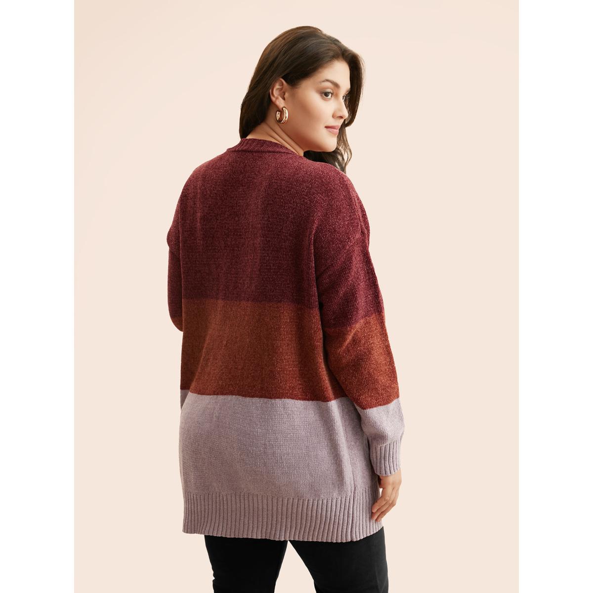 Plus Size Colorblock Contrast Patch Pocket Cardigan Yellowishbrown Women Leisure Loose Long Sleeve Casual Cardigans BloomChic 12/L Product Image