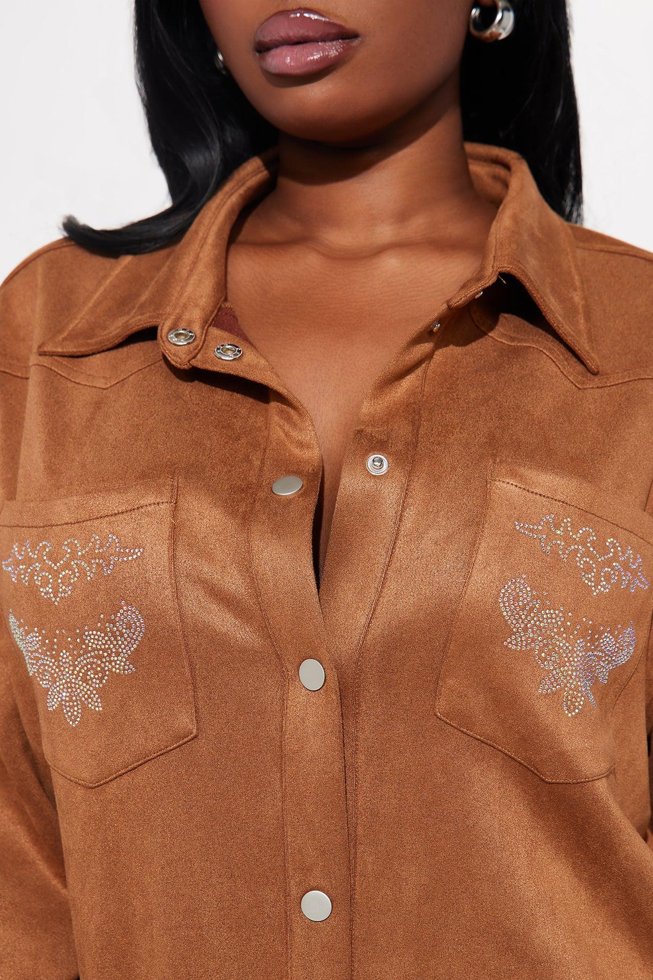 Dolly Embellished Faux Suede Shirt - Camel Product Image