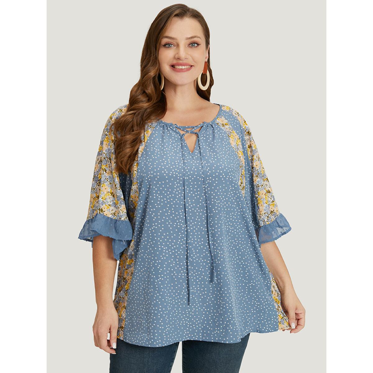 Plus Size Stone Polka Dot & Ditsy Floral Flounce Sleeve Lace Up Blouse Women Elegant Half Sleeve Tie Neck Dailywear Blouses BloomChic 10/M Product Image