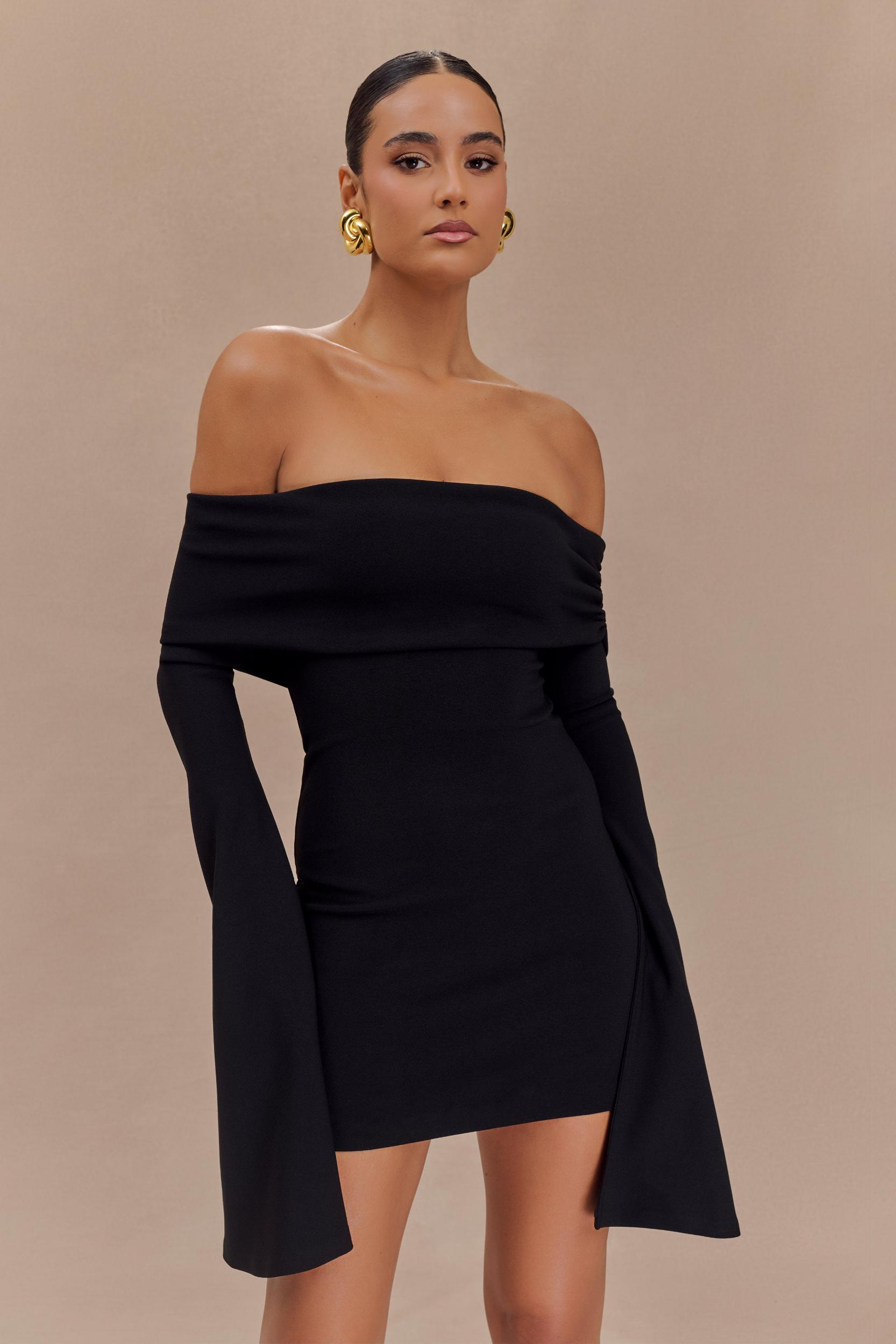 Dominique Off Shoulder Long Sleeve Mini Dress - Black Product Image