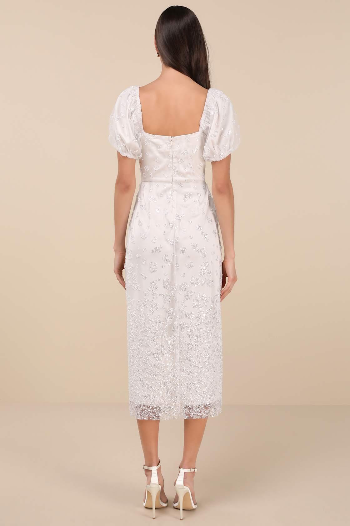 Glorious Poise Ivory Sequin Pearl Puff Sleeve Midi Dress Product Image