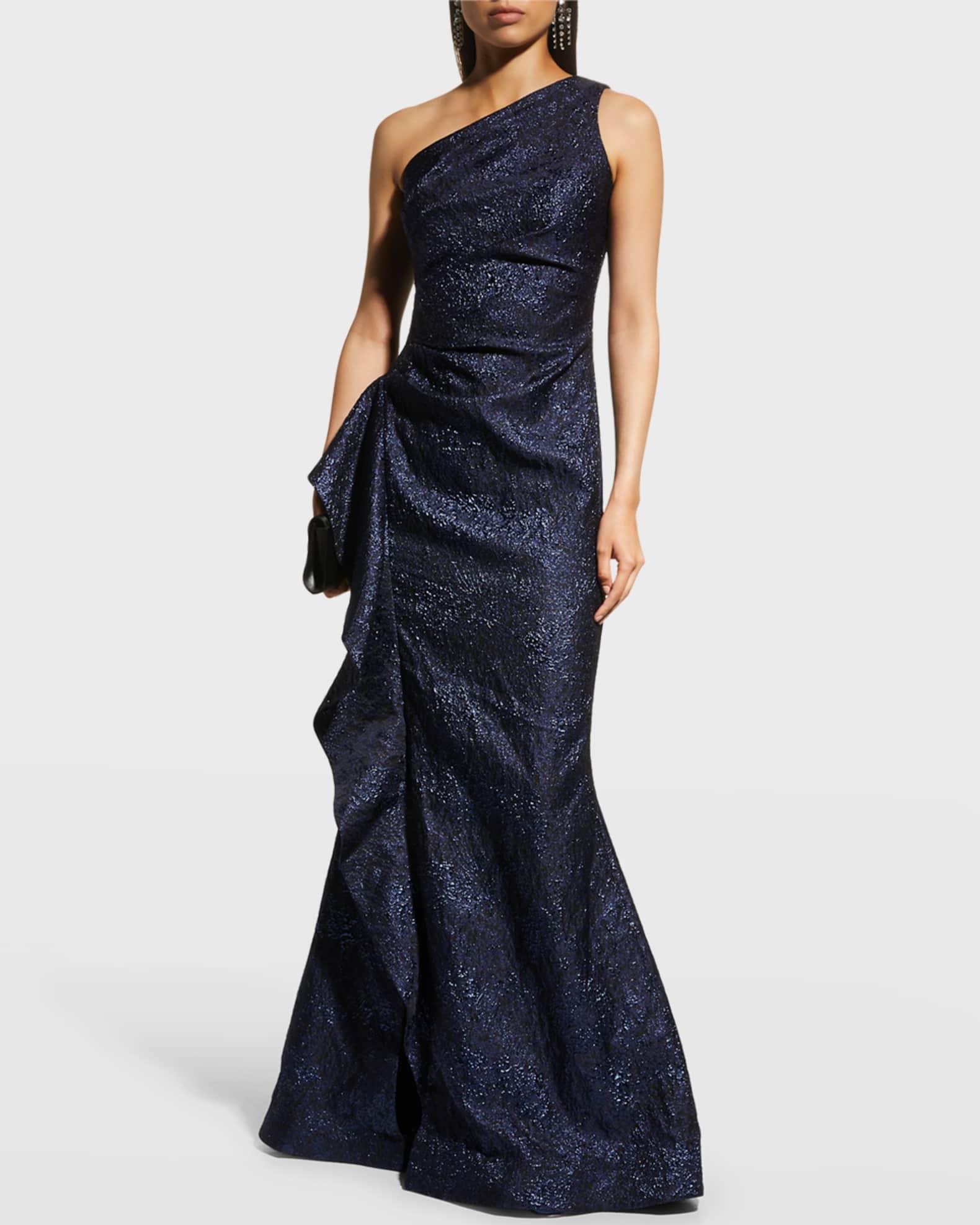 Womens Metallic Jacquard One-Shoulder Gown Product Image