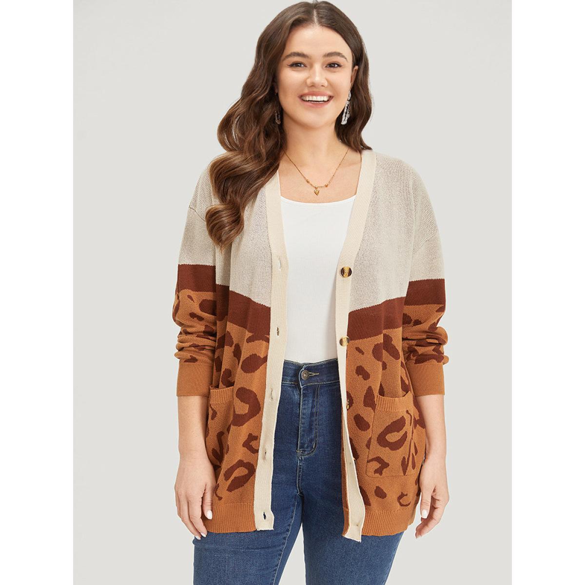 Plus Size Leopard Print Contrast Button Down Patched Pocket Cardigan Chocolate Women Casual Loose Long Sleeve Dailywear Cardigans BloomChic 22-24/3X Product Image