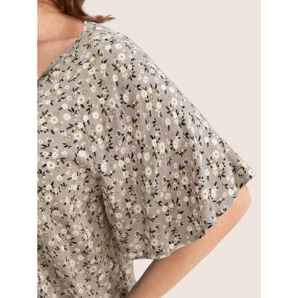 Plus Size LightBrown Ditsy Floral Ruffle Sleeve Tie Neck Blouse Women Elegant Short sleeve V-neck Everyday Blouses BloomChic 10/M Product Image