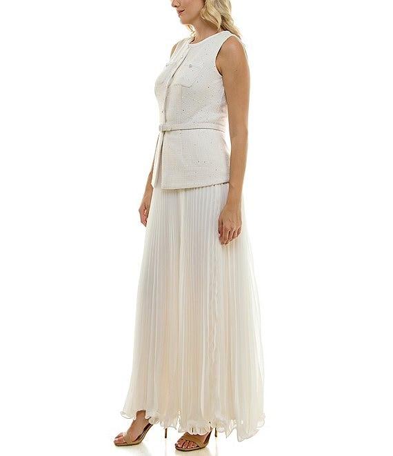 Taylor Knit Boucle Crew Neck Sleeveless Gold Foil Pleated Skinny Belt A-Line Dress Product Image