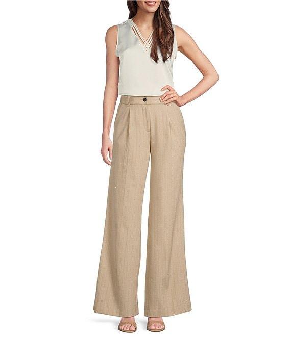 KARL LAGERFELD PARIS Rhinestone Studded Pinstripe Wide Leg Coordinating Pants Product Image