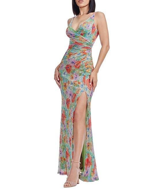 Dress the Population Jordan V-neck Side Ruched Abstract Floral Metallic Chiffon Column Gown Product Image