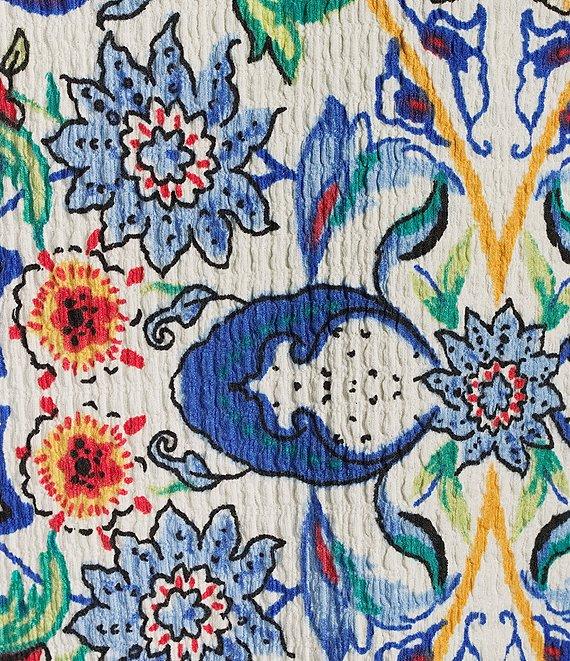 Calessa Petite Size Textured Crinkle Knit Florentine Mosaic Print Banded Split V-Neck 3/4 Balloon Sleeve Tunic Product Image