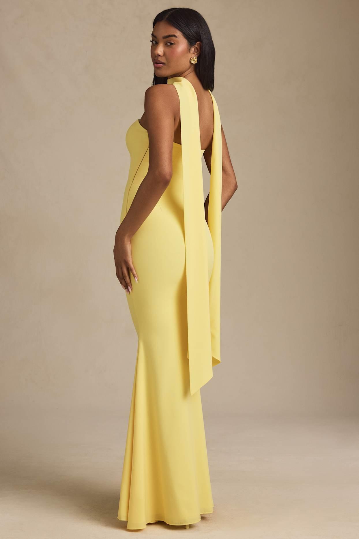 Scarf-Detail Strapless Gown in Pastel Yellow Product Image