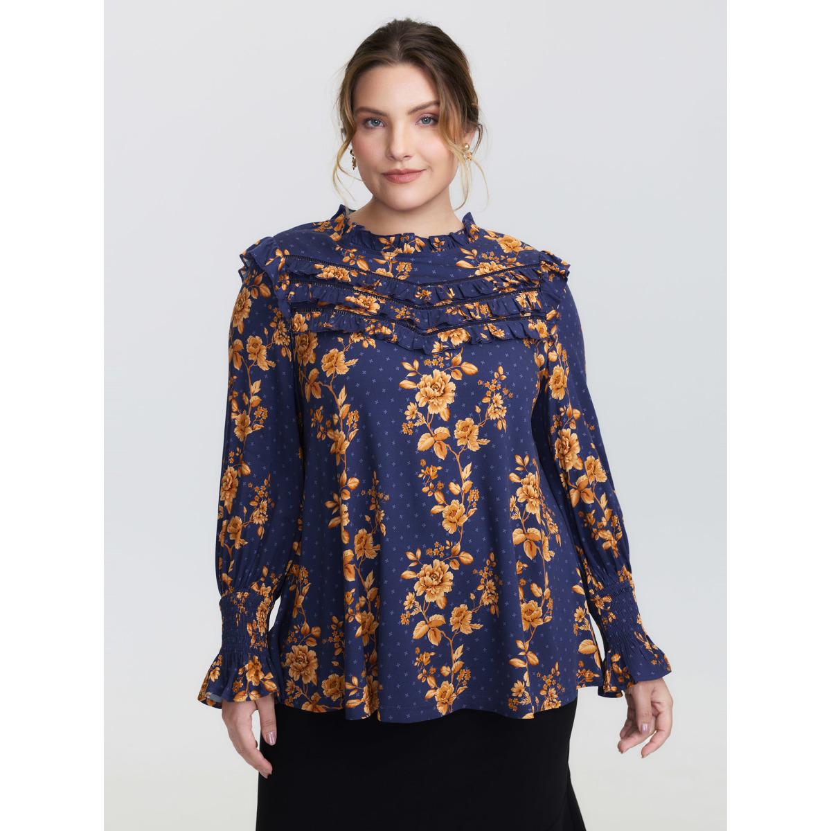 Plus Size Indigo Floral Layered Ruffled Neckline Blouse Women Romantic Long Sleeve Stand-up collar Elegant Blouses BloomChic 22-24/3X Product Image