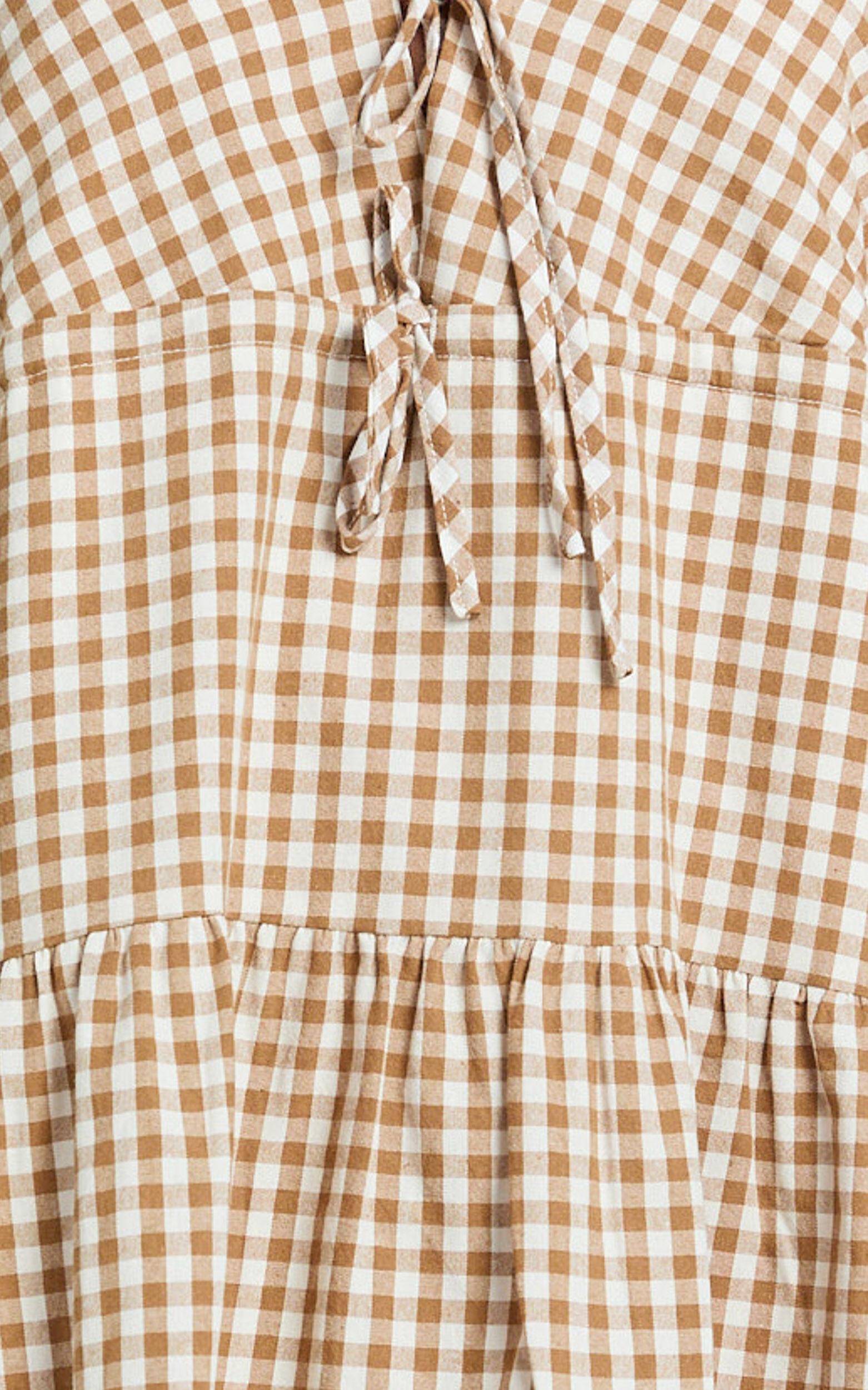 Nour Mini Dress - High Neck Tie Front Drop Waist Gathered Skirt Dress in Caramel/White Gingham Product Image