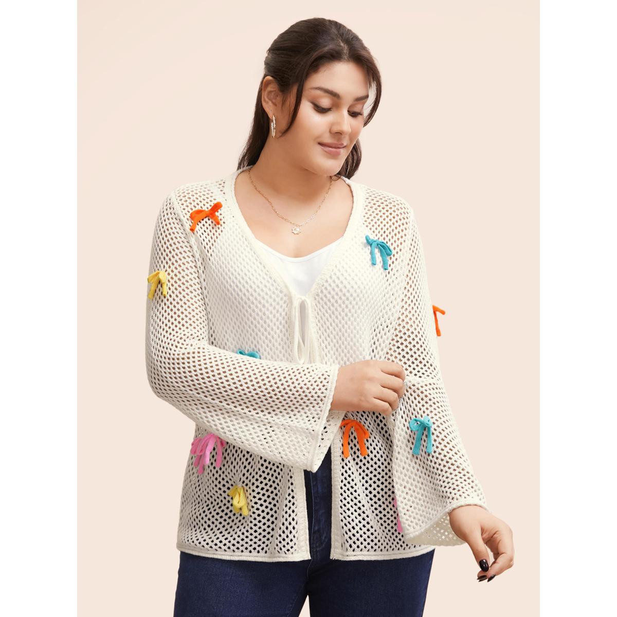Plus Size Bowknot Tie Knot Bell Sleeve Cardigan Ivory Women Casual Loose Long Sleeve Everyday Cardigans BloomChic 28/5X Product Image