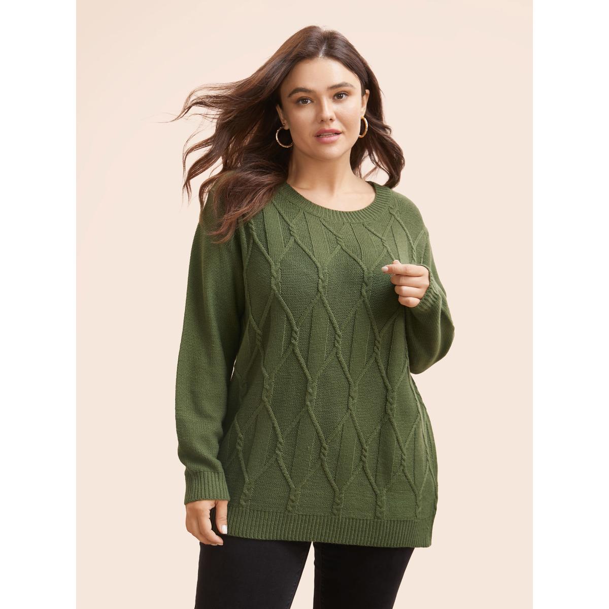 Plus Size Plain Cable Knit Round Neck Pullover Moss Women Casual Long Sleeve Round Neck Everyday Pullovers BloomChic 12/L Product Image