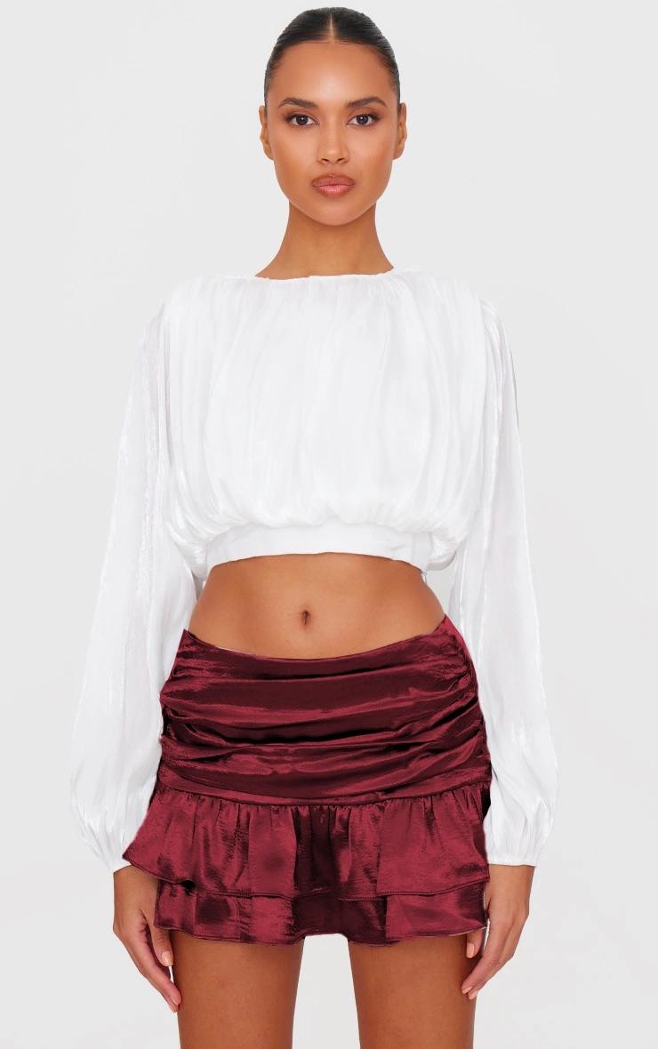 Burgundy Satin Frilly Hem Drop Waist Mini Skirt Product Image
