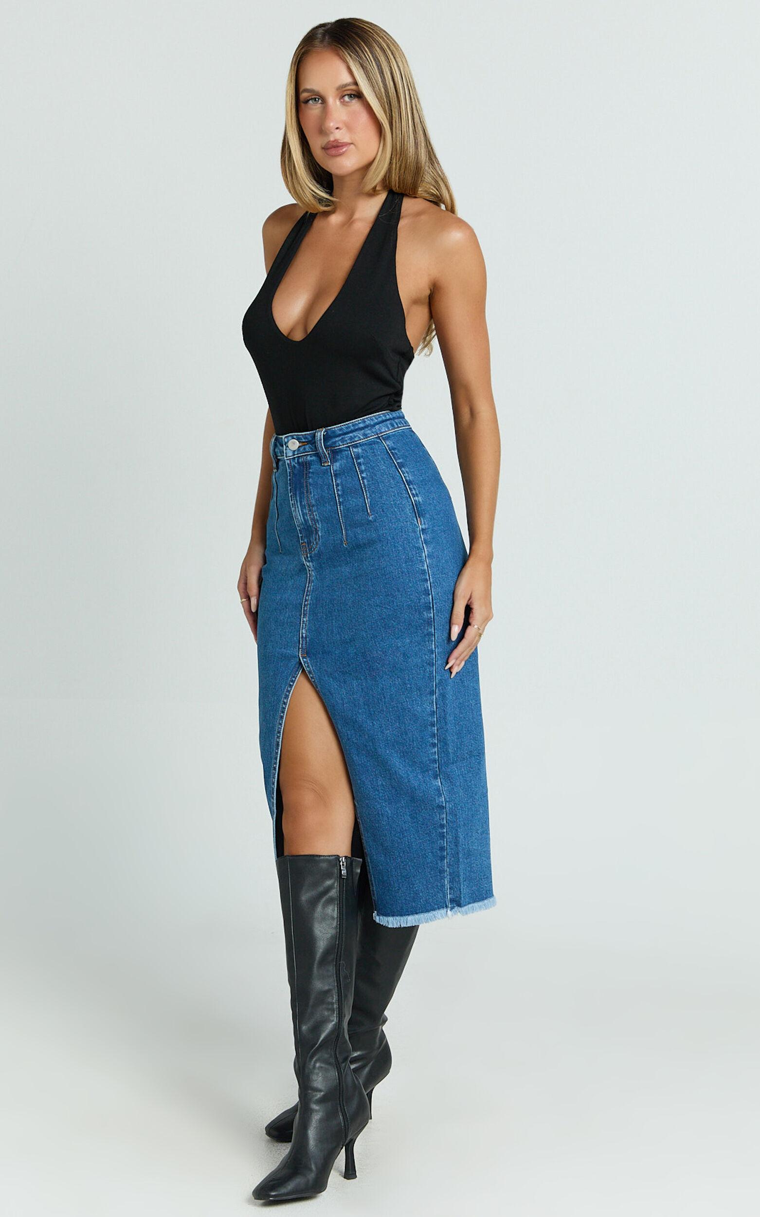 Janeve Midi Skirt - Front Split Denim Skirt in Dark Blue Product Image