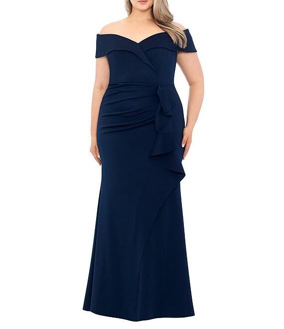 Xscape Plus Size Sleeveless Sweetheart Neck Cascade Ruffled Long Scuba Crepe Dress Product Image
