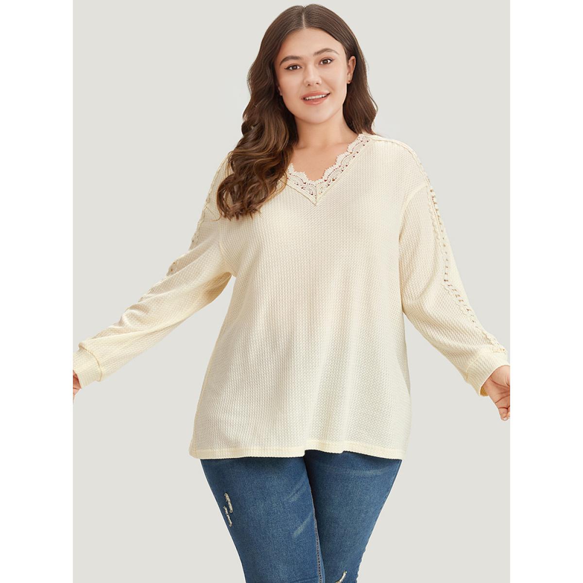 Plus Size Solid Crochet Lace V Neck Sweatshirt Women Ivory Elegant Lace V-neck Dailywear Sweatshirts BloomChic 14-16/1X Product Image