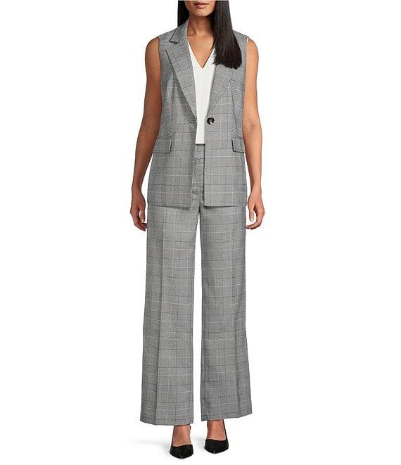 Kasper Plaid Notch Collar Sleeveless Belted Button Front Vest Product Image